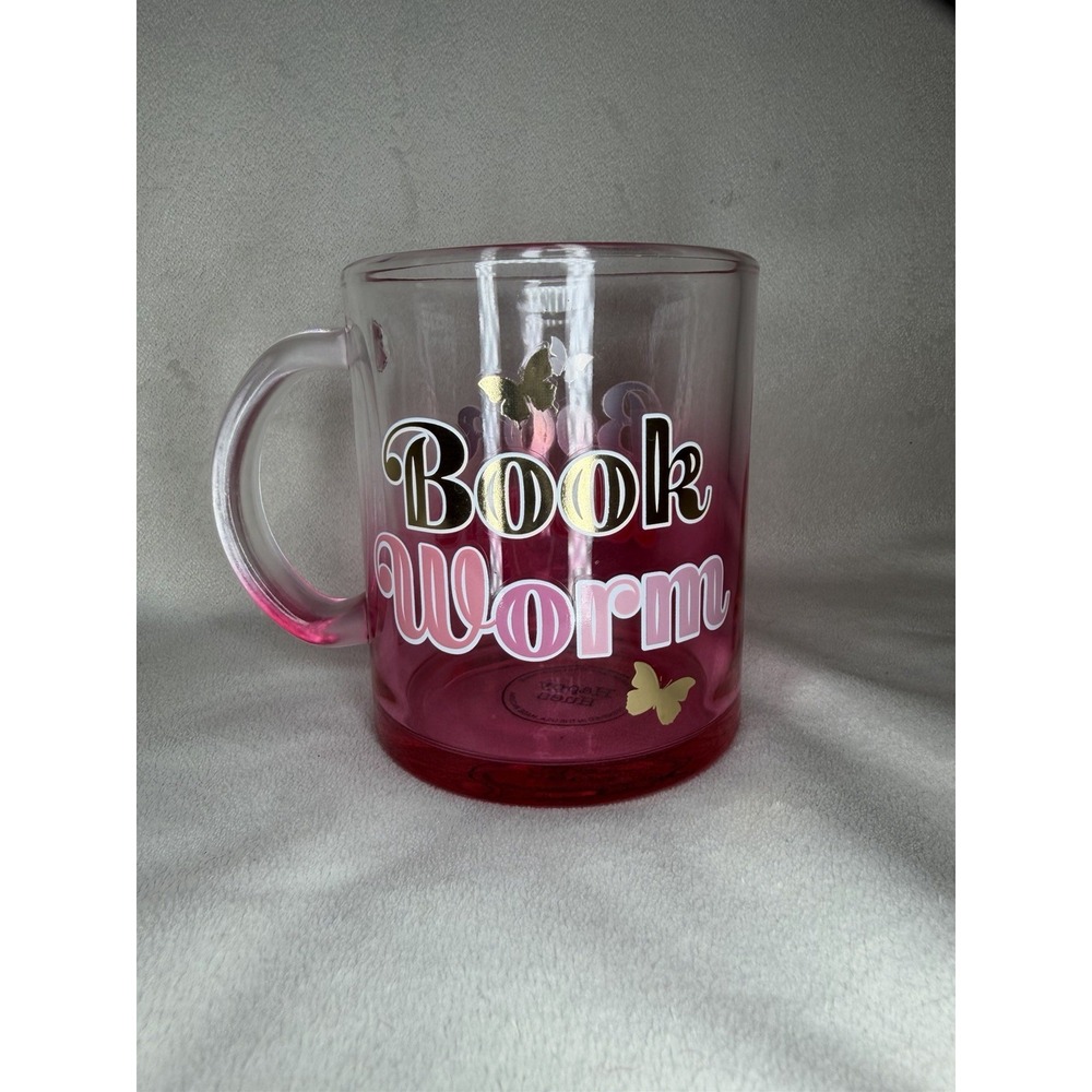 Happy Hues Bookworm Pink Clear Plastic Coffee Mug 16 oz Novelty Hand Wash Only